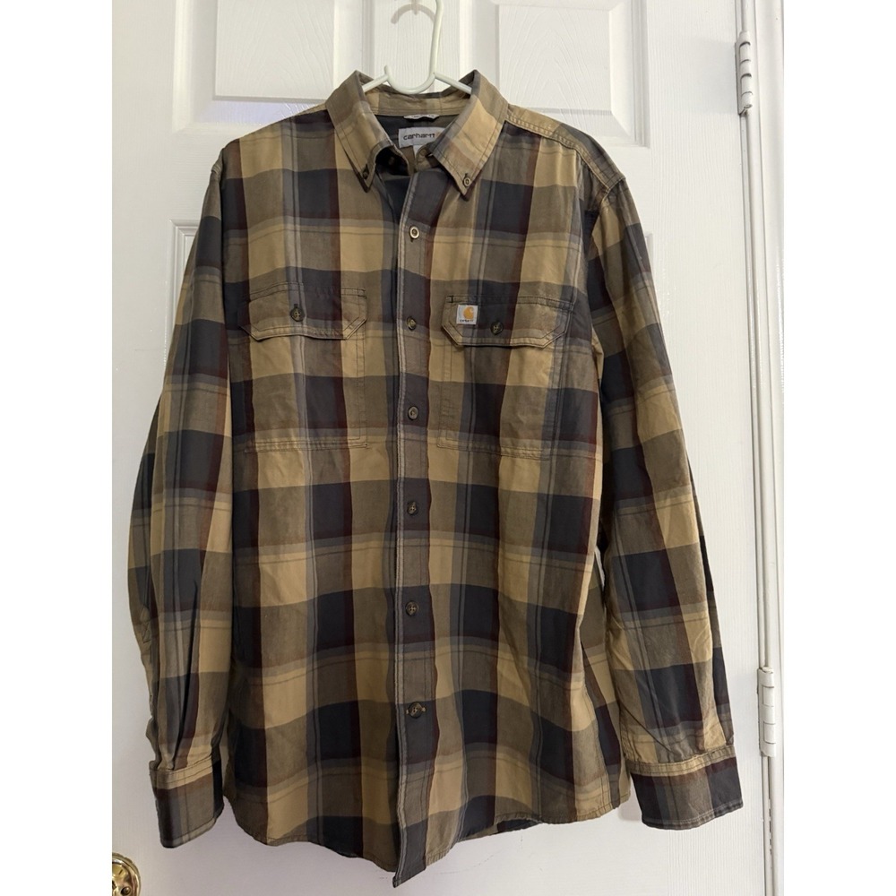 Carhartt Men Long Sleeve Button-Up Shirt Tan Plaid SMALL Classic Fit 104447 DKH